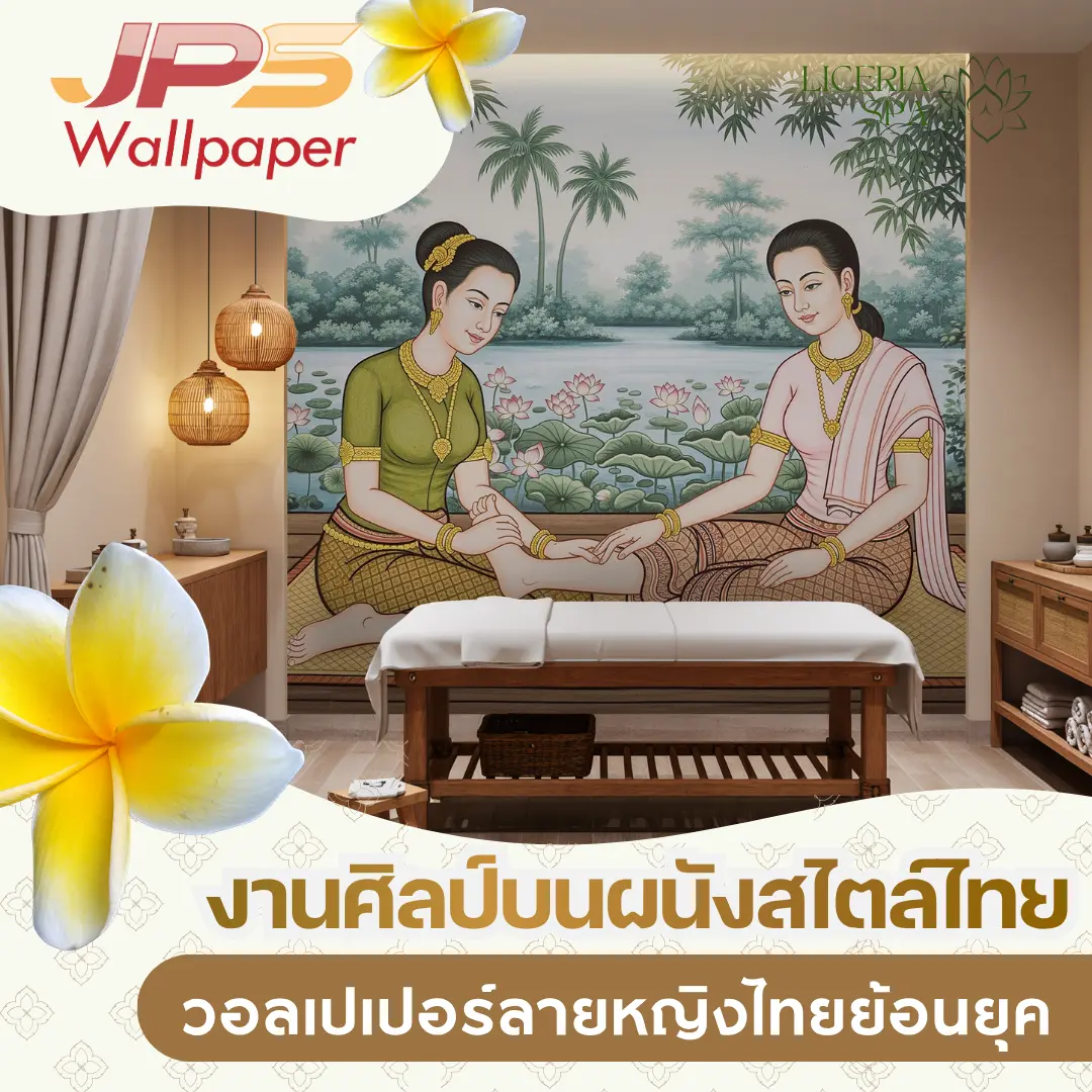 วอลเปเปอร์ลายหญิงไทยย้อนยุคตกแต่งร้านนวดสปาไทย เพิ่มกลิ่นอายศิลปะไทยโบราณให้บรรยากาศห้องนวดดูอบอุ่นและมีเอกลักษณ์เฉพาะตัว