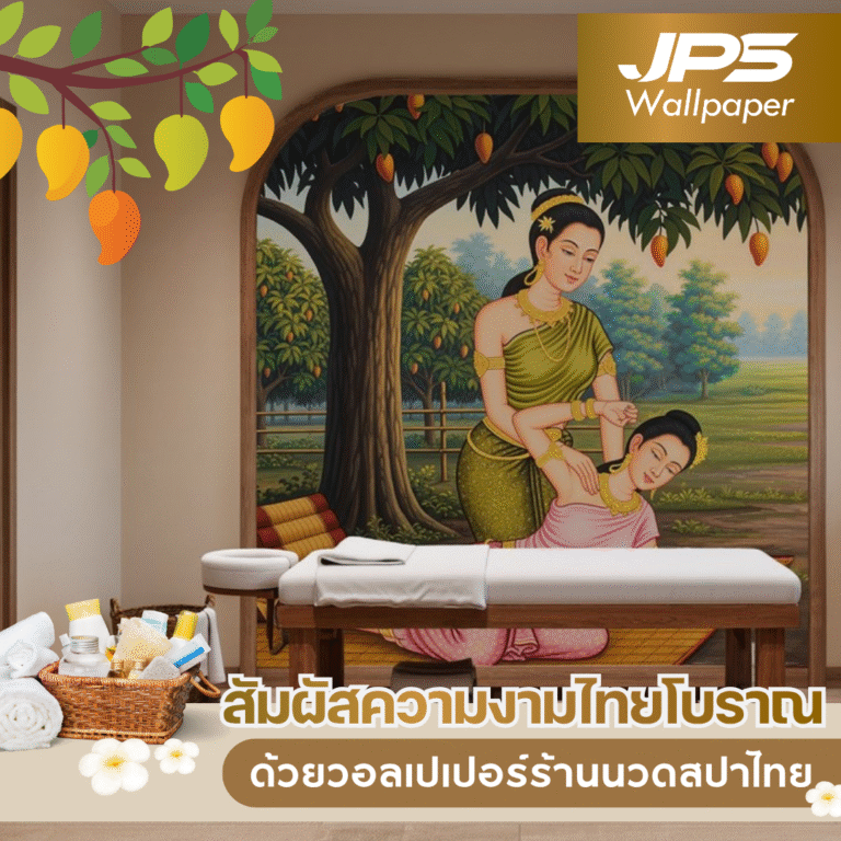 สัมผัสความงามไทยโบราณด้วยวอลเปเปอร์ร้านนวดสปา ลายหญิงไทยนวดแผนโบราณใต้ต้นไม้ใหญ่