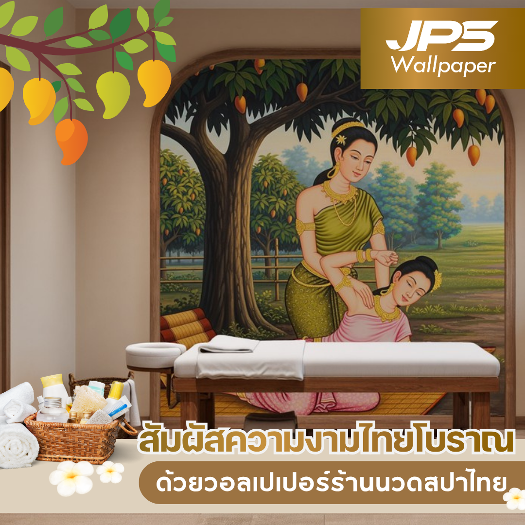 สัมผัสความงามไทยโบราณด้วยวอลเปเปอร์ร้านนวดสปา ลายหญิงไทยนวดแผนโบราณใต้ต้นไม้ใหญ่