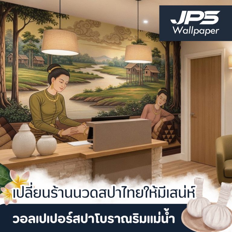 วอลเปเปอร์สปาโบราณริมแม่น้ำ ลายหญิงไทยนวดแผนโบราณ สร้างบรรยากาศร้านนวดสปาไทยให้ดูอบอุ่น ผ่อนคลาย