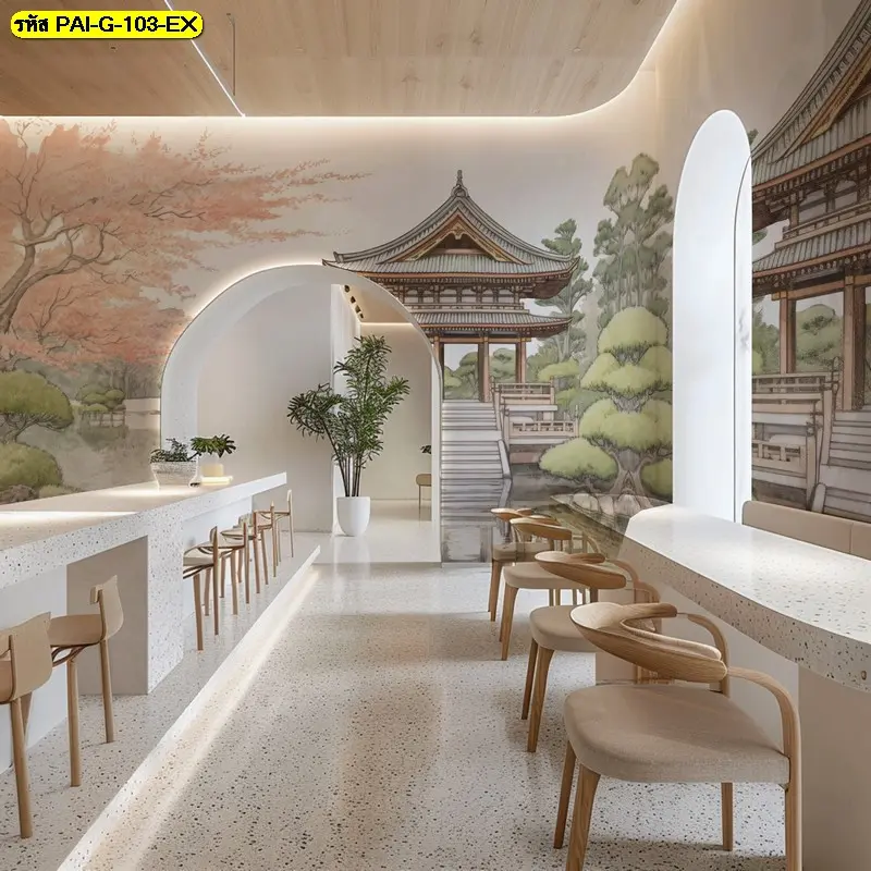 ภาพวาดเอเชียโบราณติดผนัง ศาลาไม้โบราณท่ามกลางสวนญี่ปุ่น ผสานกลิ่นอายวอลเปเปอร์โรงแรมสไตล์เอเชียสุดหรู