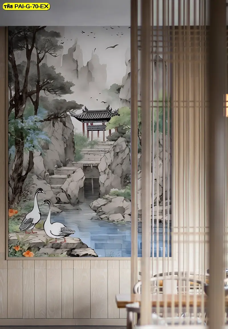 ภาพวาดเอเชียโบราณติดผนัง ลายประตูวัดกลางหุบเขาและลำธาร สร้างบรรยากาศสงบด้วยวอลเปเปอร์โรงแรมสไตล์เอเชีย