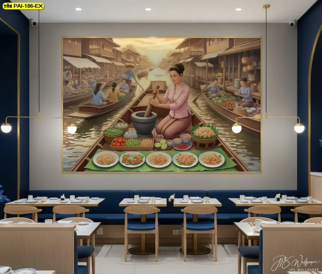 ลายวิถีชีวิตพายเรือทำส้มตำ เหมาะตกแต่งร้านอาหารไทยบรรยากาศอบอุ่น