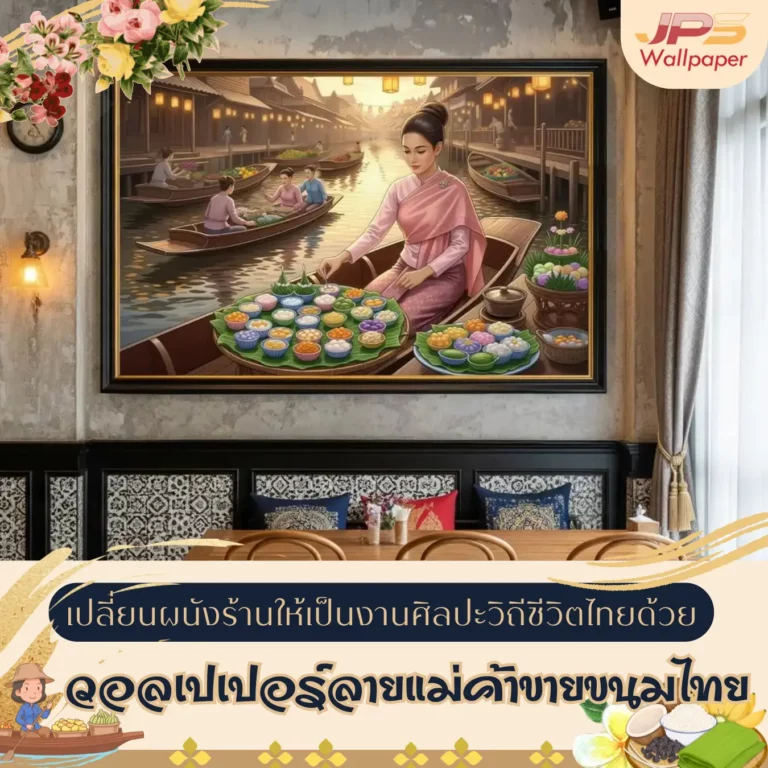 วอลเปเปอร์ลายแม่ค้าขายขนมไทย ภาพตกแต่งร้านขนมไทยย้อนยุค เพิ่มอัตลักษณ์ความเป็นไทยในร้านอาหารโมเดิร์น