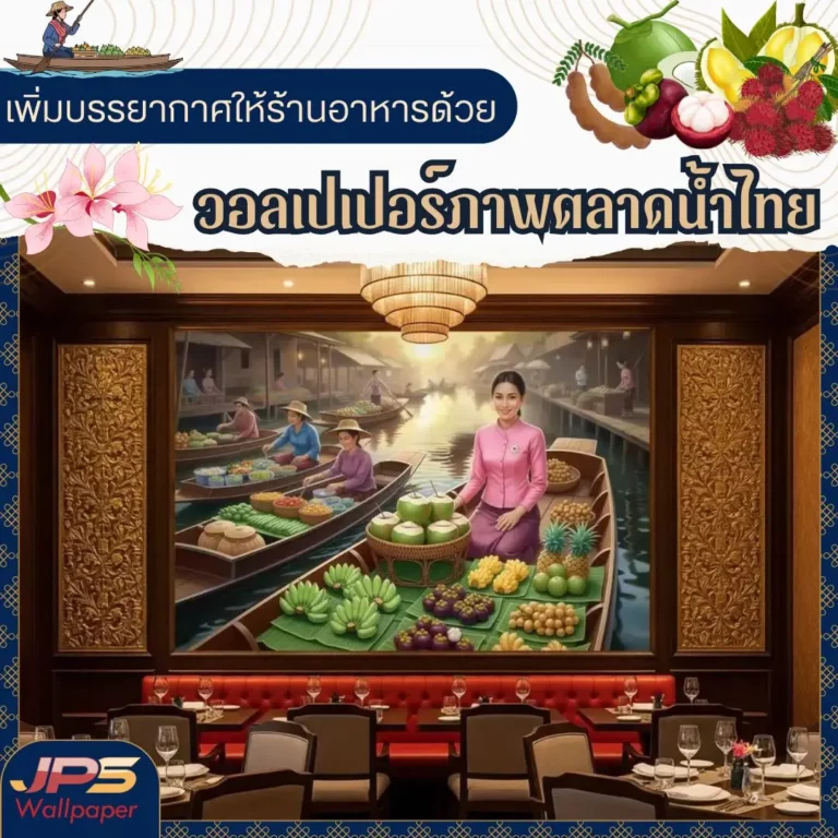 Thai floating market wall art เพิ่มเอกลักษณ์ให้ห้องอาหาร ภาพศิลปะตกแต่งร้านอาหารไทย วอลเปเปอร์ลายแม่ค้าขายผลไม้ ตลาดน้ำ