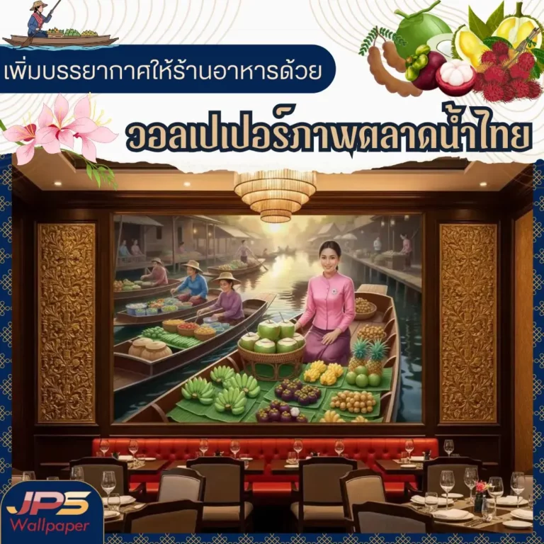 Thai floating market wall art เพิ่มเอกลักษณ์ให้ห้องอาหาร ภาพศิลปะตกแต่งร้านอาหารไทย วอลเปเปอร์ลายแม่ค้าขายผลไม้ ตลาดน้ำ