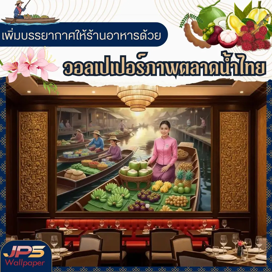 Thai floating market wall art เพิ่มเอกลักษณ์ให้ห้องอาหาร ภาพศิลปะตกแต่งร้านอาหารไทย วอลเปเปอร์ลายแม่ค้าขายผลไม้ ตลาดน้ำ