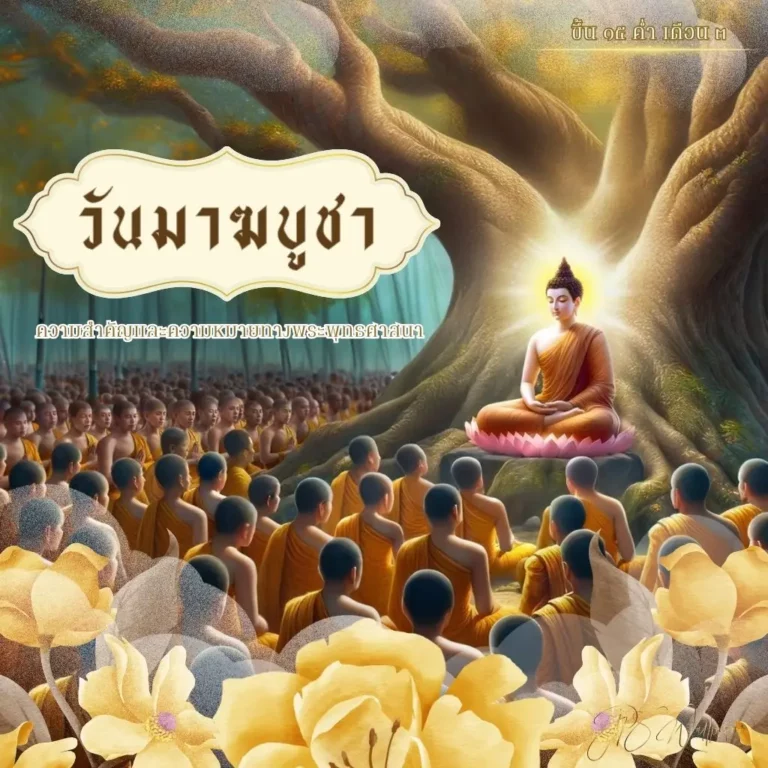 ภาพประกอบวันมาฆบูชา แสดงกิจกรรมเวียนเทียนและการรักษาศีลของพุทธศาสนิกชน ภาพตกแต่งวันมาฆบูชา เหมาะสำหรับสื่อการเรียนรู้ของนักเรียนและนักศึกษา