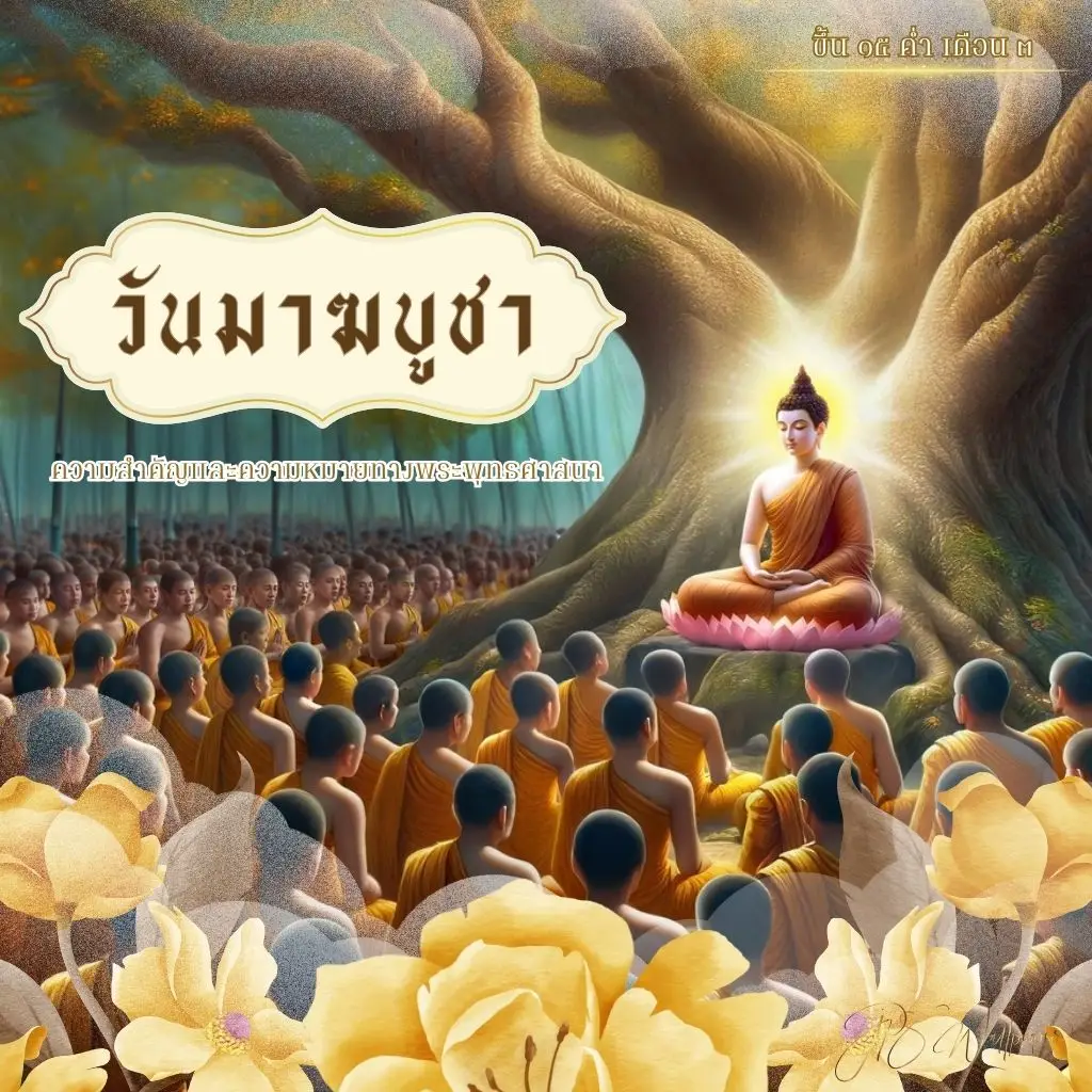 ภาพประกอบวันมาฆบูชา แสดงกิจกรรมเวียนเทียนและการรักษาศีลของพุทธศาสนิกชน ภาพตกแต่งวันมาฆบูชา เหมาะสำหรับสื่อการเรียนรู้ของนักเรียนและนักศึกษา