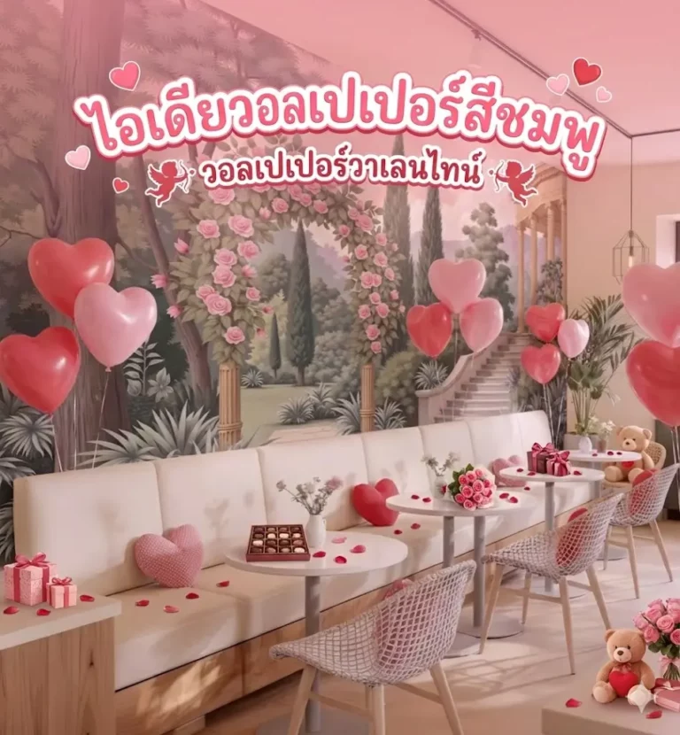 ไอเดียวอลเปเปอร์สีชมพูวาเลนไทน์ ตกแต่งคาเฟ่โทนหวาน