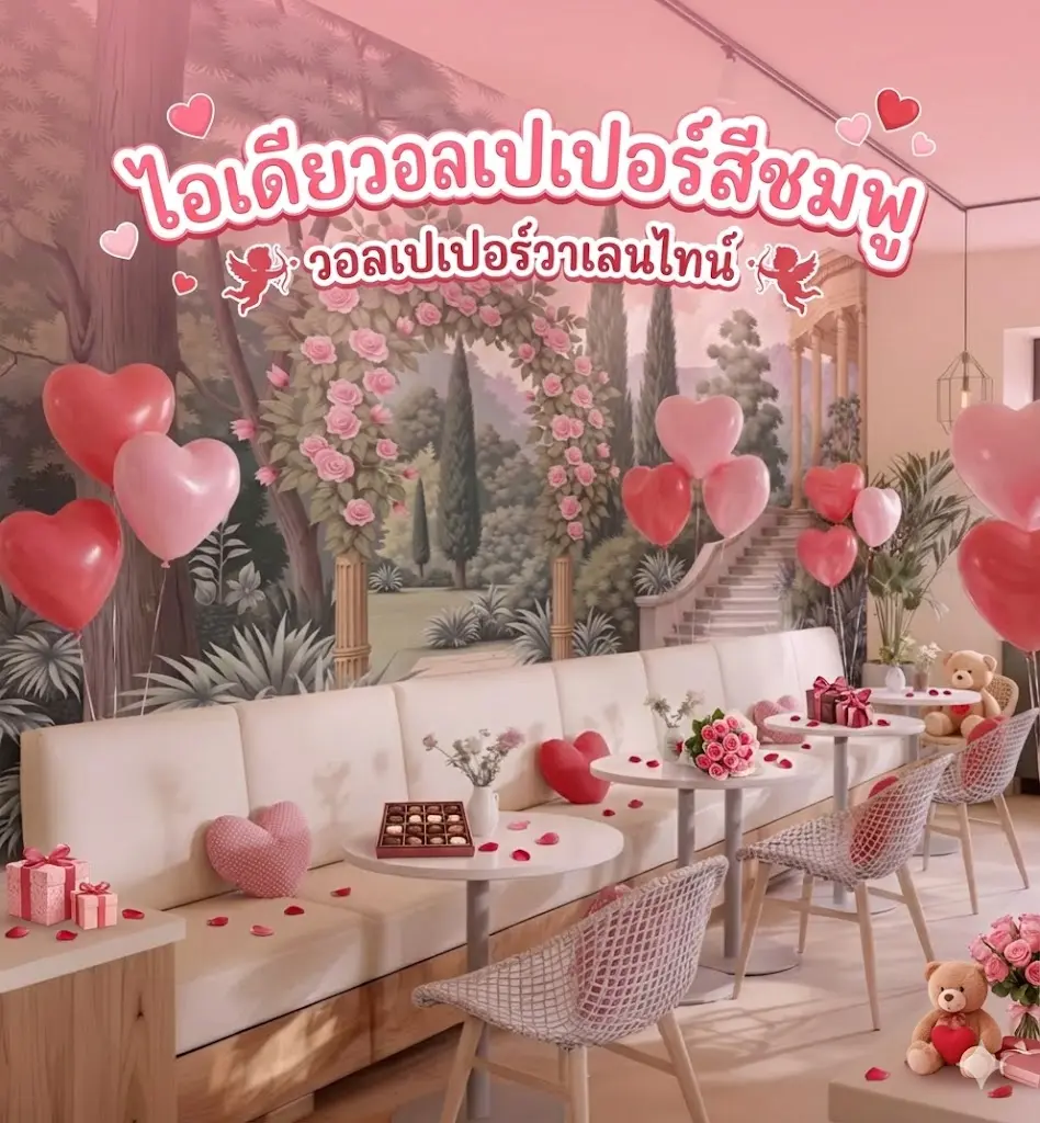 ไอเดียวอลเปเปอร์สีชมพูวาเลนไทน์ ตกแต่งคาเฟ่โทนหวาน