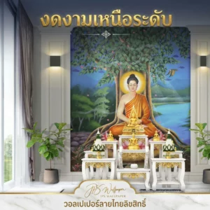 วอลเปเปอร์ลายไทยลิขสิทธิ์ พระพุทธใต้ต้นโพธิ์ โทนธรรมชาติ สงบ งดงาม