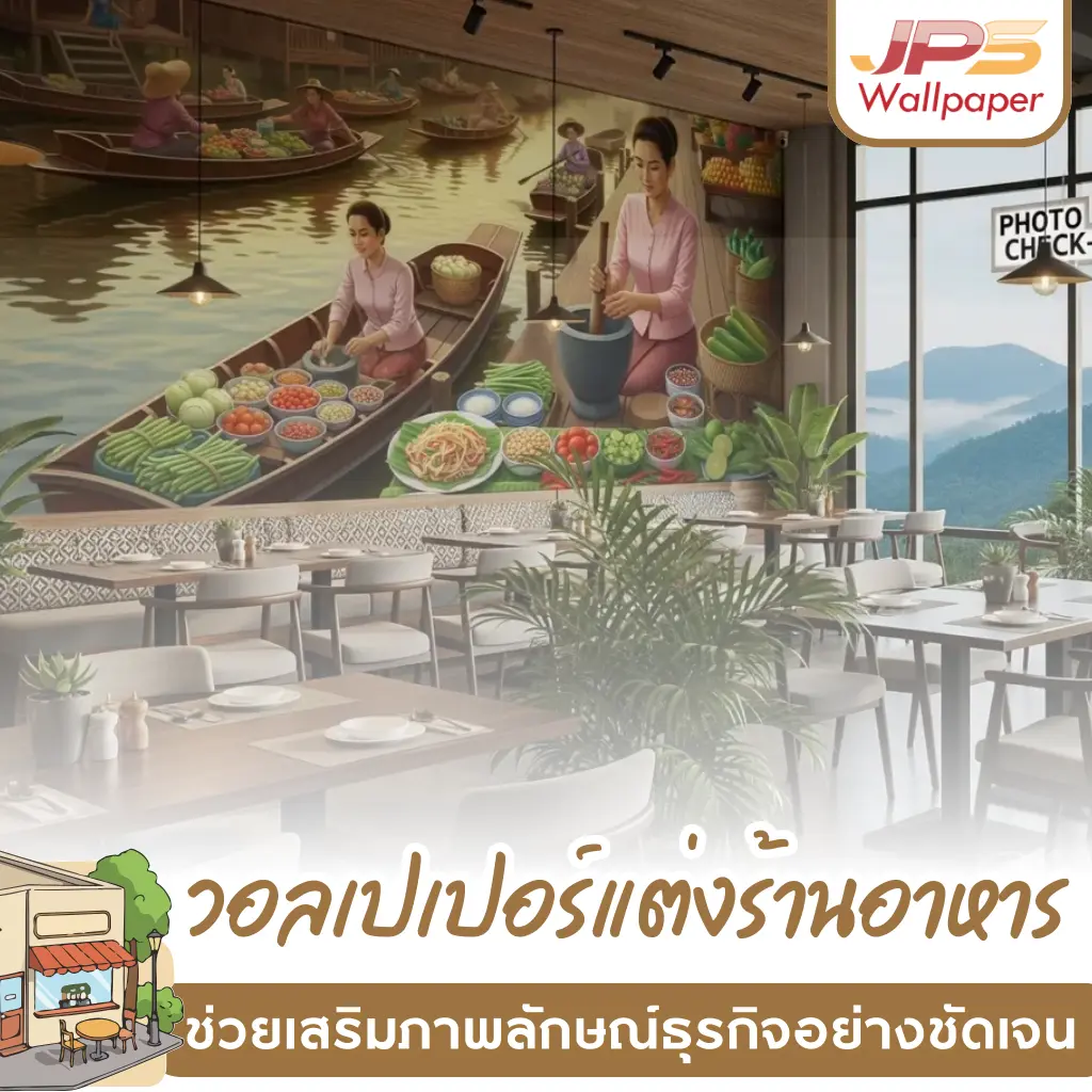 วอลเปเปอร์แต่งร้านอาหาร ลายตลาดน้ำวิถีไทย บรรยากาศอบอุ่น ช่วยเสริมภาพลักษณ์ธุรกิจอย่างชัดเจน