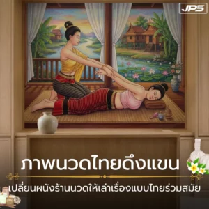 ดีไซน์ผนังร้านนวดไทยด้วยภาพท่าดึงแขน JPS Wallpaper ช่วยจัดองค์ประกอบห้องให้มีทิศทาง