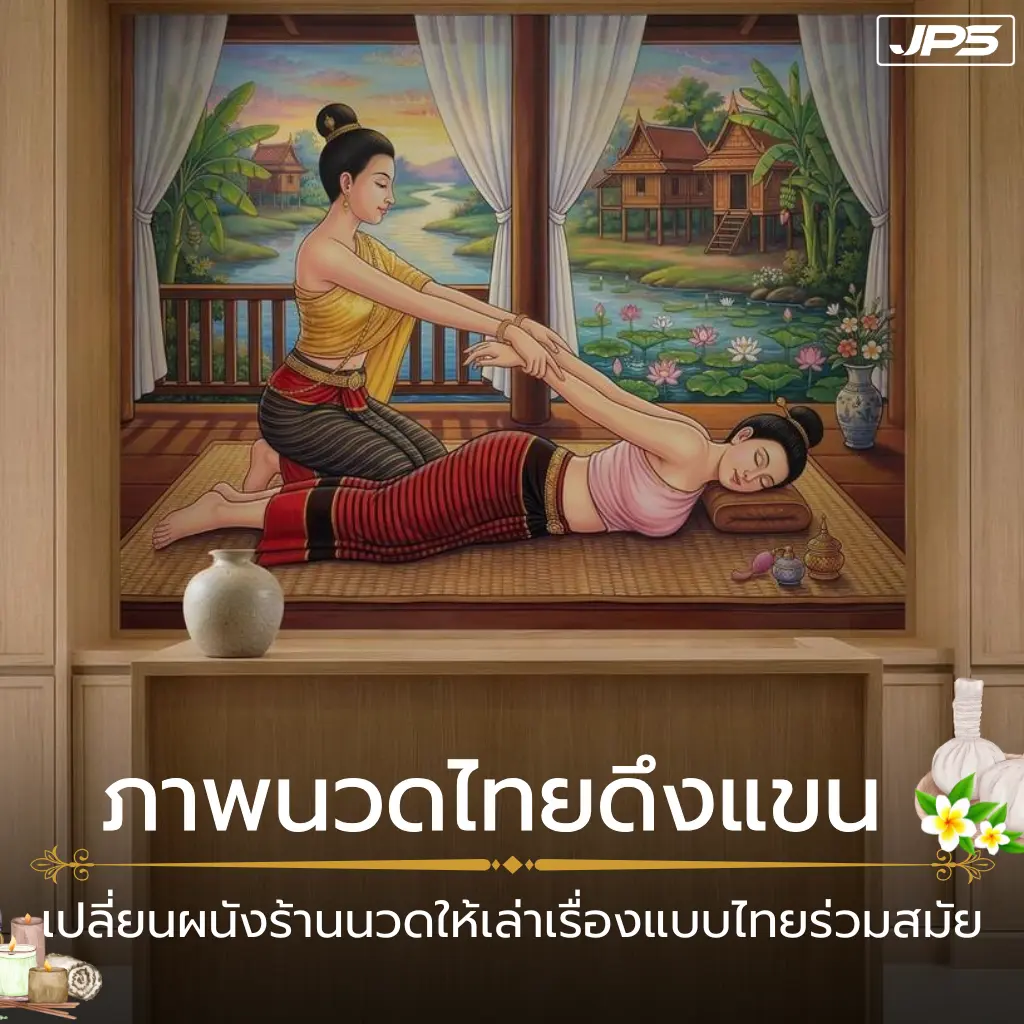ดีไซน์ผนังร้านนวดไทยด้วยภาพท่าดึงแขน JPS Wallpaper ช่วยจัดองค์ประกอบห้องให้มีทิศทาง