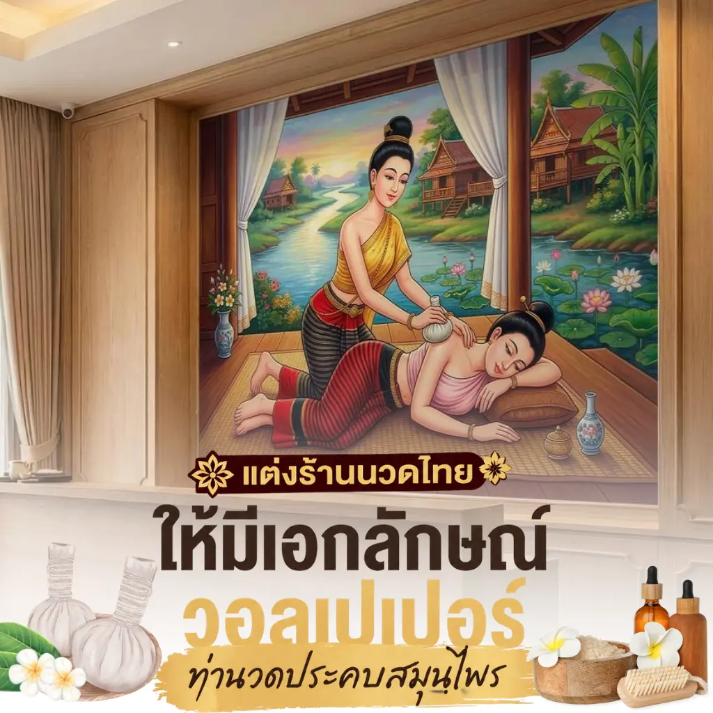 วอลเปเปอร์ท่านวดประคบสมุนไพรในร้านนวดไทย ผนังที่มีการออกแบบเป็นภาพท่านวดประคบสมุนไพร