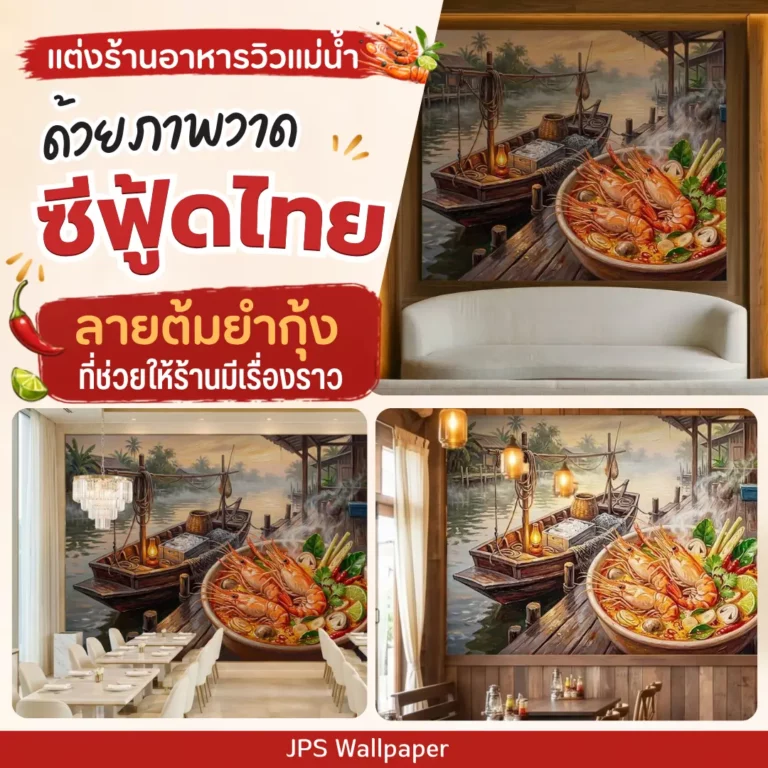 ภาพวาดซีฟู้ดไทยสำหรับผนังหลังโซฟาในร้านอาหารวิวแม่น้ำ