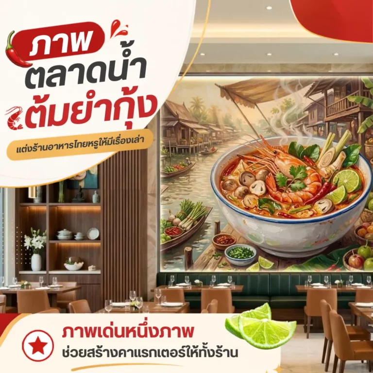 ภาพตลาดน้ำต้มยำกุ้งสำหรับตกแต่งร้านอาหารไทยหรู