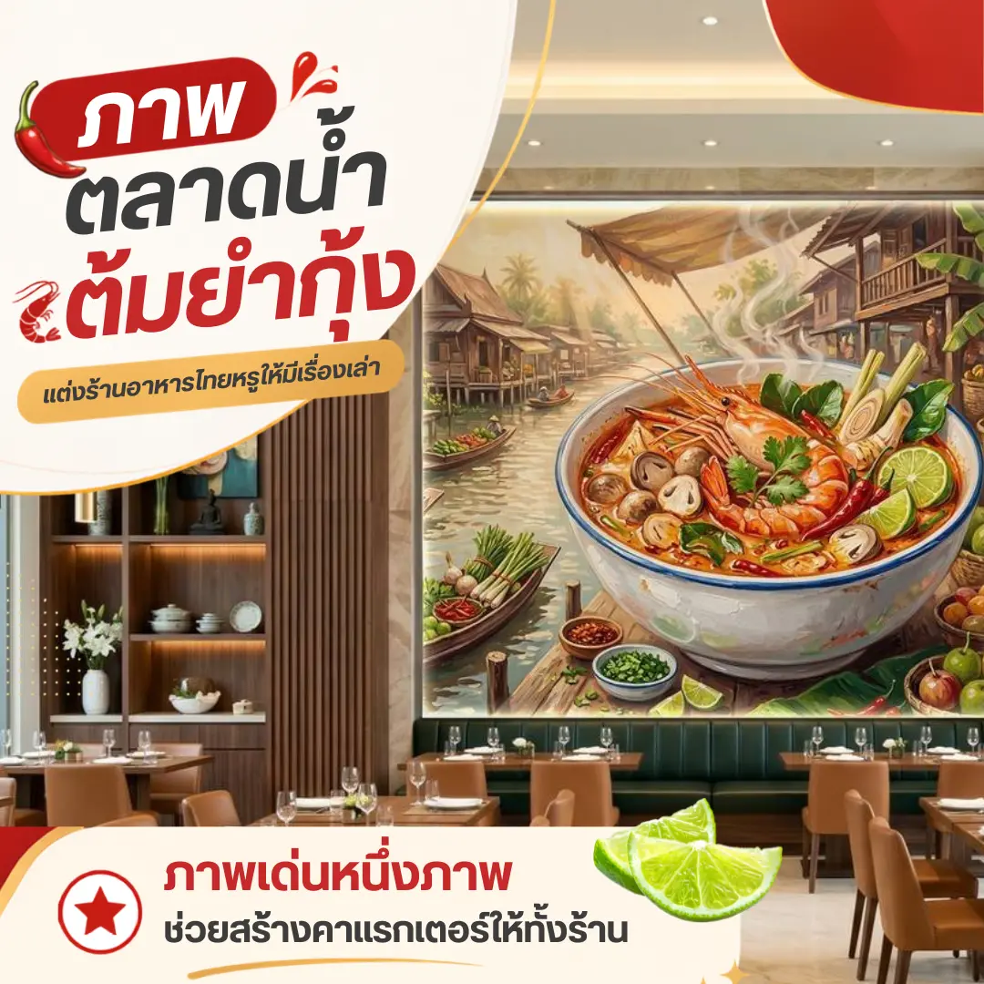ภาพตลาดน้ำต้มยำกุ้งสำหรับตกแต่งร้านอาหารไทยหรู