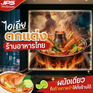 วอลเปเปอร์ร้านอาหารหรูด้วยภาพหม้อไฟต้มยำกุ้งบนผนังสีเขียว