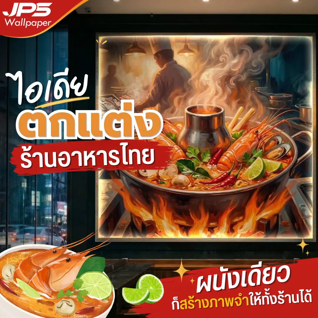 วอลเปเปอร์ร้านอาหารหรูด้วยภาพหม้อไฟต้มยำกุ้งบนผนังสีเขียว