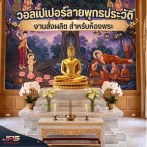 วอลเปเปอร์ลายพุทธประวัติพร้อมพระพุทธรูปสีขาวและดอกไม้ในห้องพระ