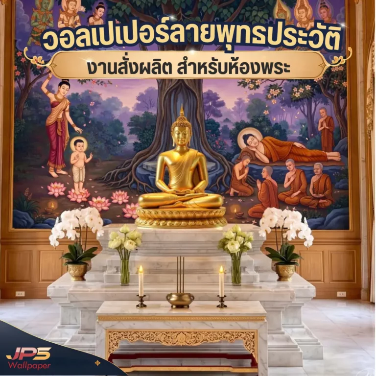 วอลเปเปอร์ลายพุทธประวัติพร้อมพระพุทธรูปสีขาวและดอกไม้ในห้องพระ